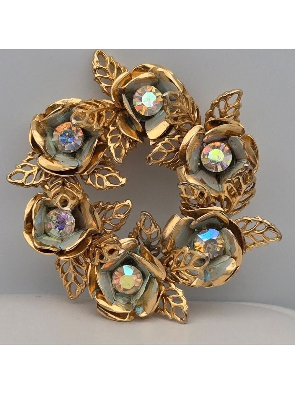 Floral Wreath Vintage Gold-Tone Brooch Flowers w/ AB Rhinestones 1.5”